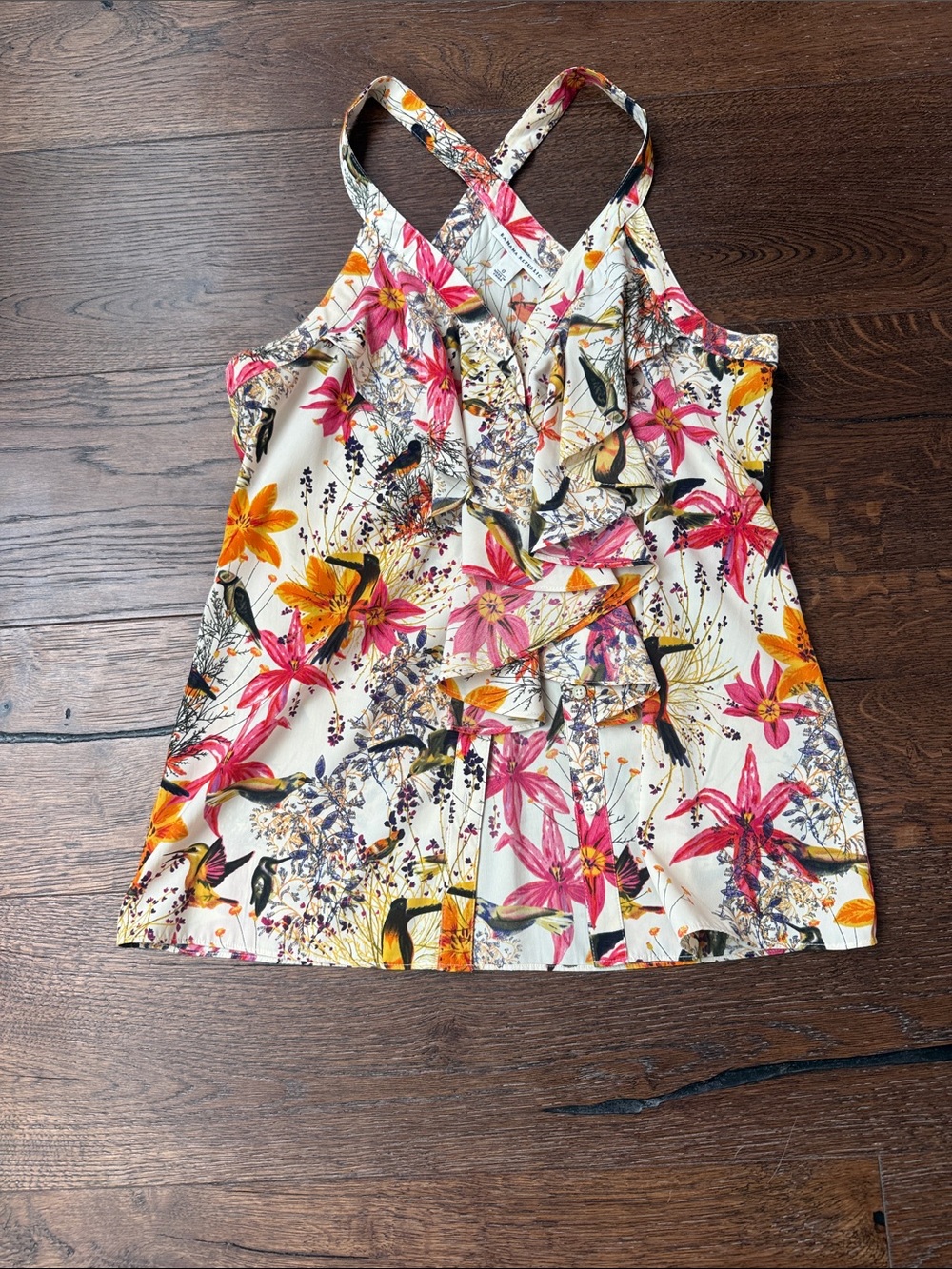 Banana Republic Cream Floral Ruffled Tank with Pink and Orange Accents